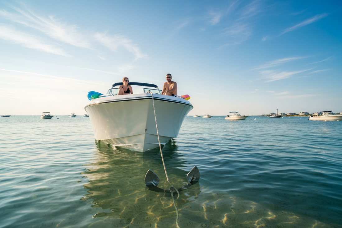 Boat anchored at a New Jersey sandbar on a sunny summer day