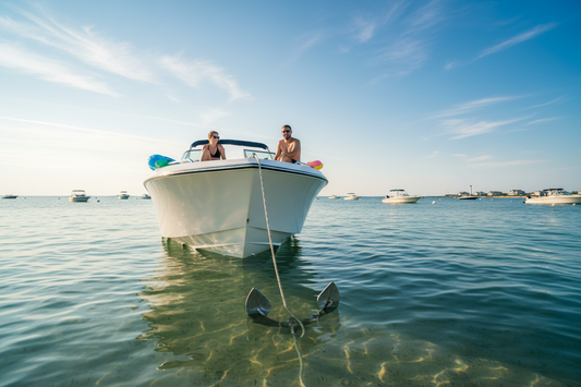 Boat anchored at a New Jersey sandbar on a sunny summer day