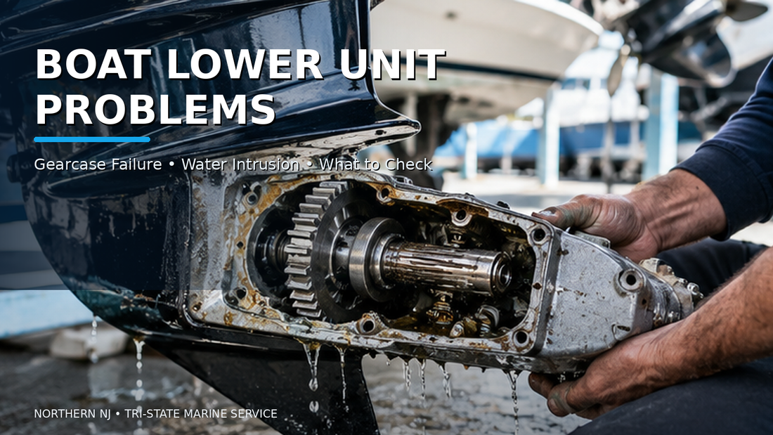 Boat lower unit gearcase inspection for signs of failure and water intrusion