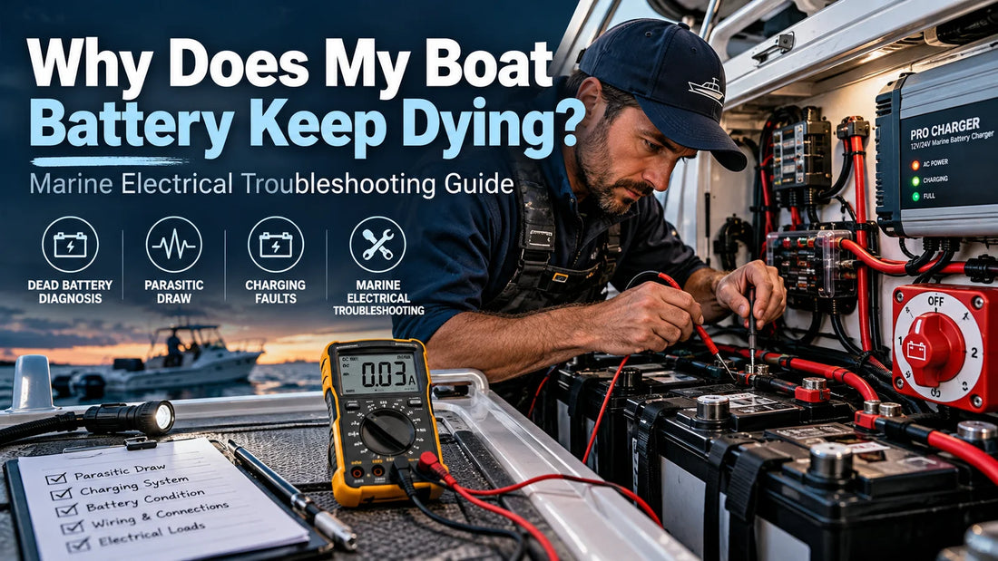 Marine technician testing a boat battery bank and charging system for parasitic draw and electrical faults