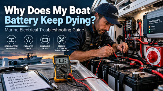 Marine technician testing a boat battery bank and charging system for parasitic draw and electrical faults