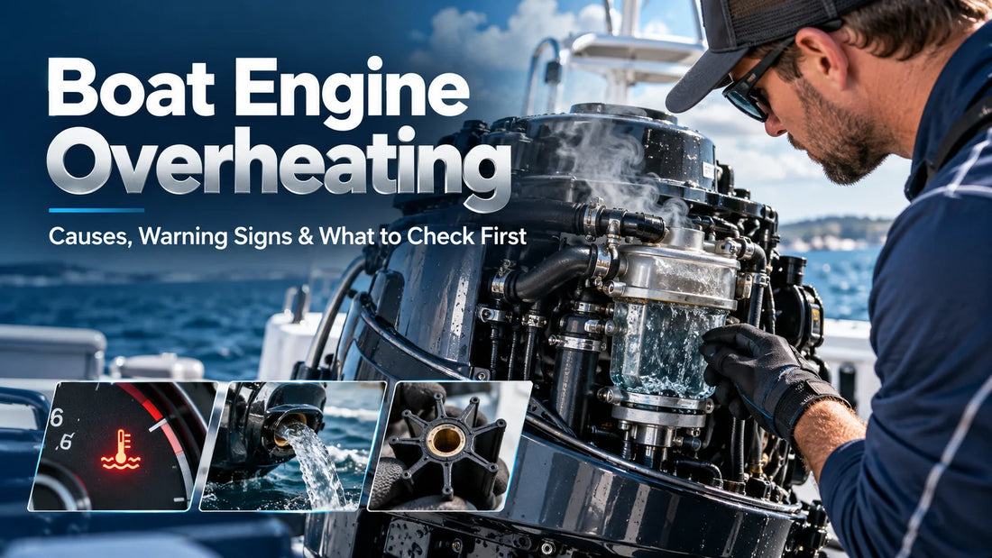 Marine technician diagnosing an overheating boat engine cooling system and water pump impeller