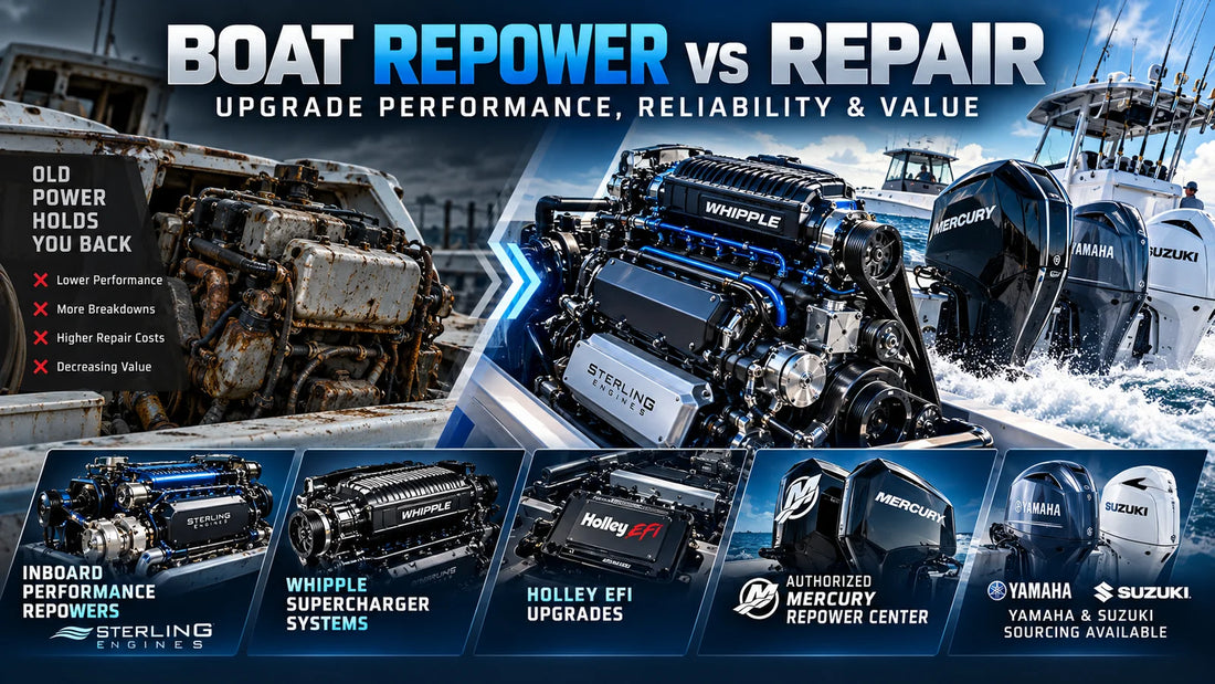 Boat repower options including high-performance inboard engines, Mercury outboards, Whipple supercharger and Holley EFI