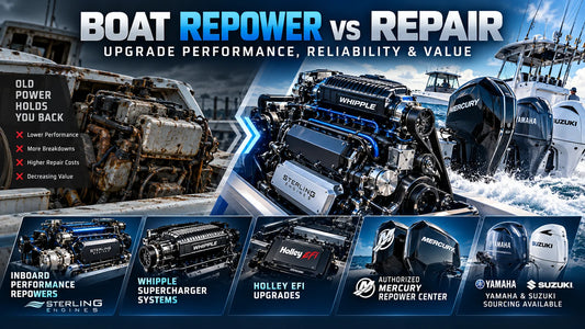 Boat repower options including high-performance inboard engines, Mercury outboards, Whipple supercharger and Holley EFI