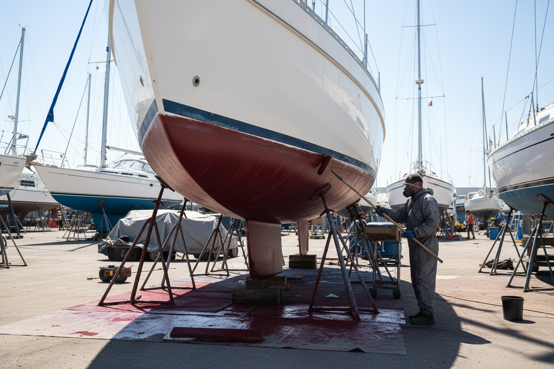 Boat hull being painted with red Interlux antifouling bottom paint at a boatyard, boat propped on stands during spring maintenance