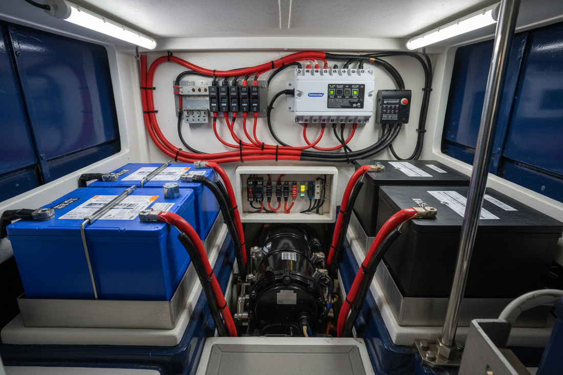 Professionally wired marine battery bank with AGM and lithium batteries and a multi-bank on-board charger installed in a boat engine compartment