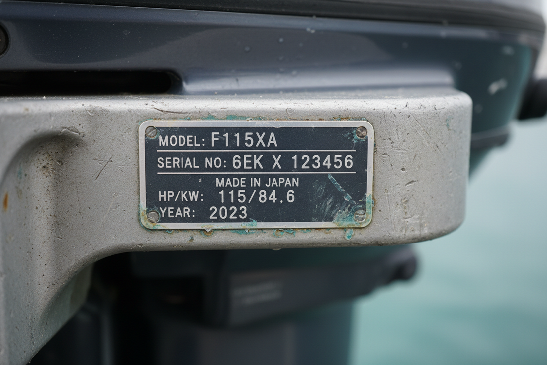 Close-up of a marine outboard engine serial number identification tag on a transom bracket, showing model number and serial number stamped on a weathered metal plate