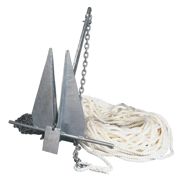 Silver metal boat anchor with two pointed flukes and coiled white rope by bergen performance marine docking gear