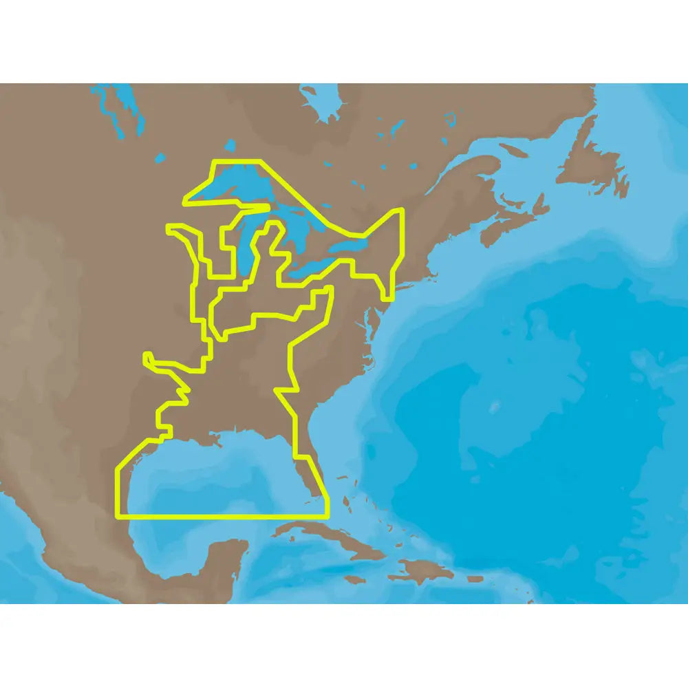 Yellow outline map of the united states and surrounding regions on a c-map max marine chart card from cartography collection