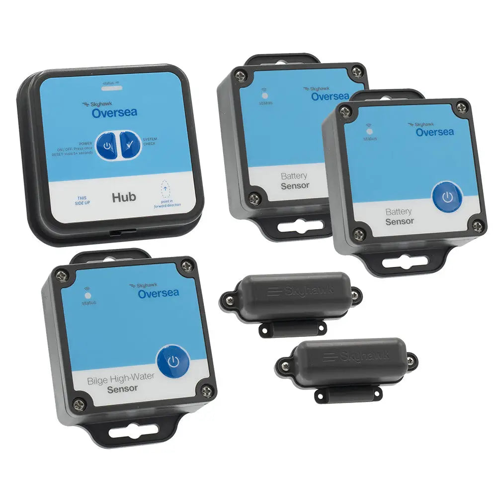 Skyhawk oversea hub and battery marine engine sensors with blue control panels black plastic casings and mounting brackets