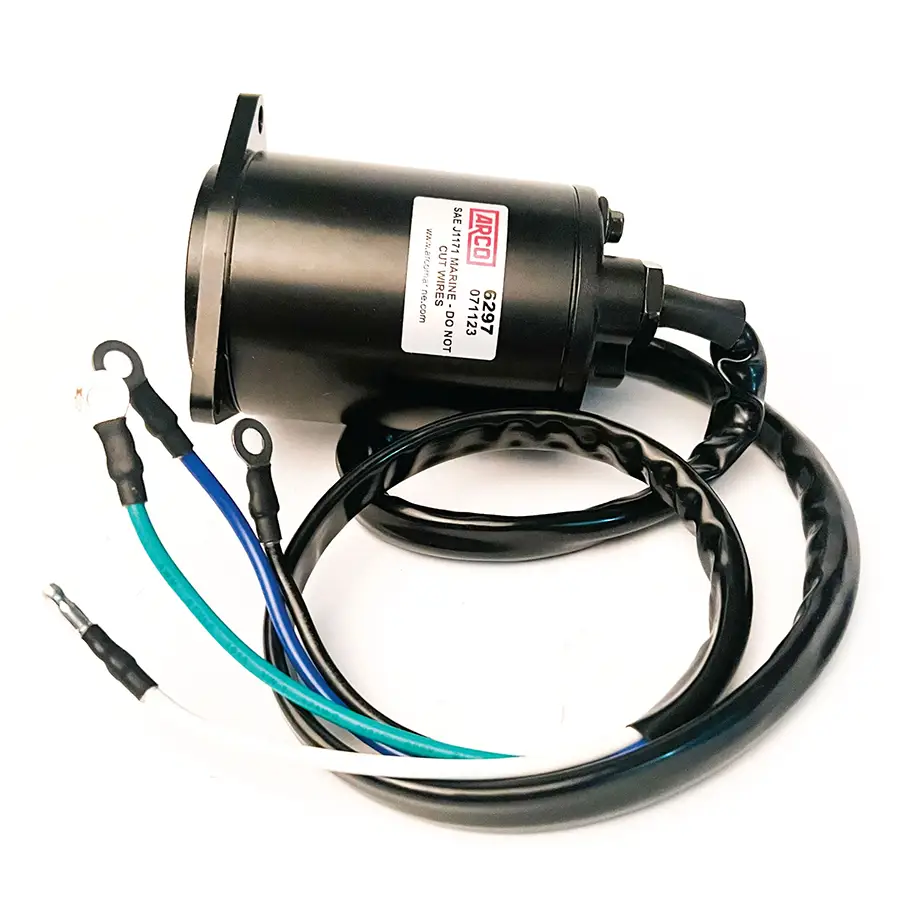 Black cylindrical marine ignition coil with braided wiring and colored connectors for trim motors and tilt trim use