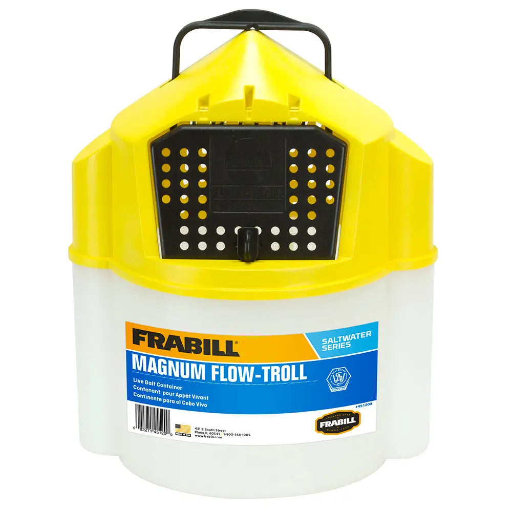 Yellow and white plastic frabill magnum flow-troll live bait container with black perforated lid for bait management