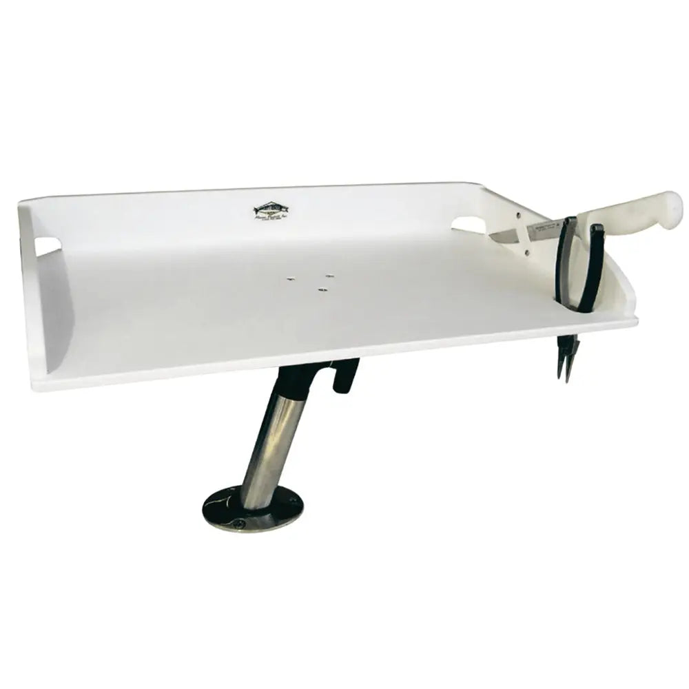 White plastic boat filet table with stainless steel pedestal base and integrated knife holder by Bergen Performance Marine