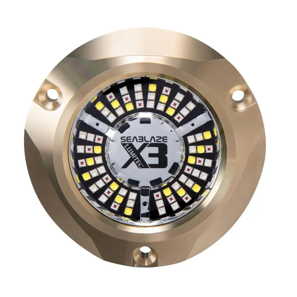 Brass-finished circular marine led light with silver emblem and yellow white leds by bergen performance marine