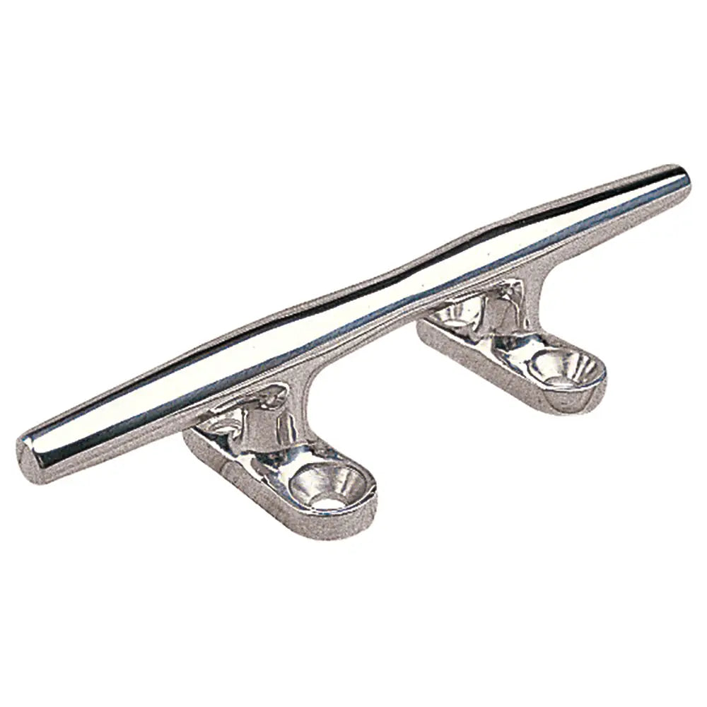 Shiny chrome-finished stainless steel dock cleat with elongated bar and sturdy brackets for marine hardware applications.