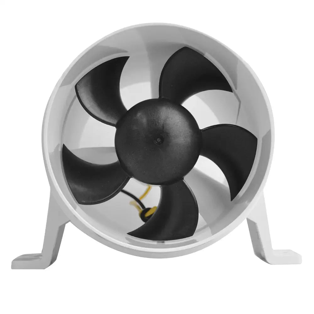 White circular exhaust fan with black five-blade impeller and integrated mounting feet for marine plumbing by Bergen Performance Marine