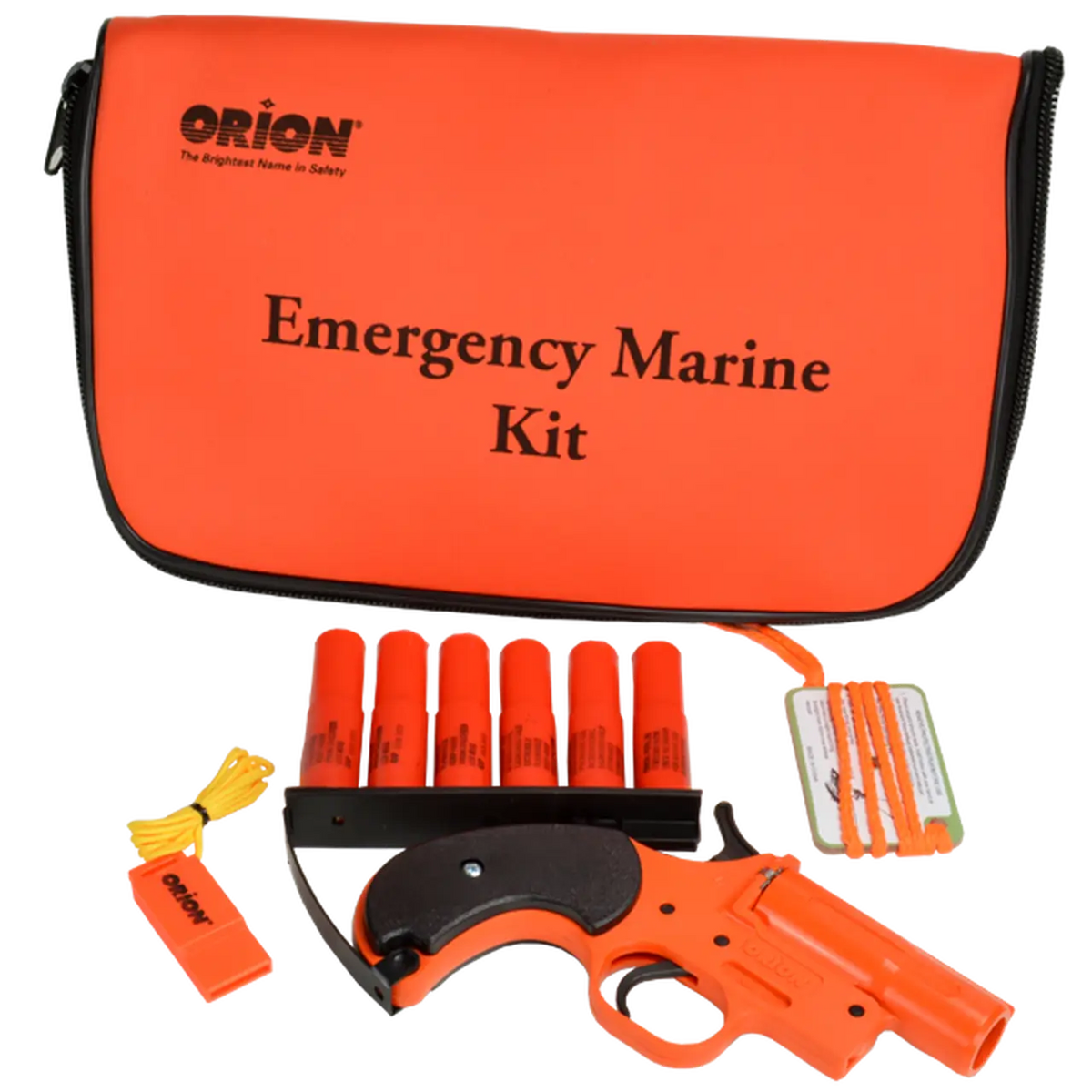 Bright orange orion emergency marine safety equipment including zippered case, six flares, flare gun, and yellow whistle.