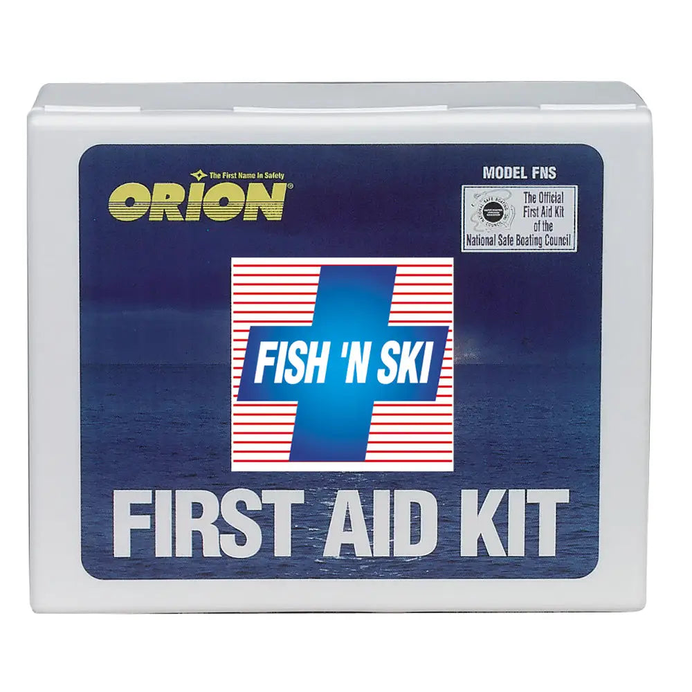 White plastic first aid kit box with blue and red fish n ski label from bergen performance marine aid kits collection
