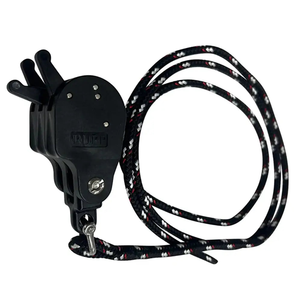Black plastic pulley system with coiled black white and red sailing rope from bergen performance marine collection