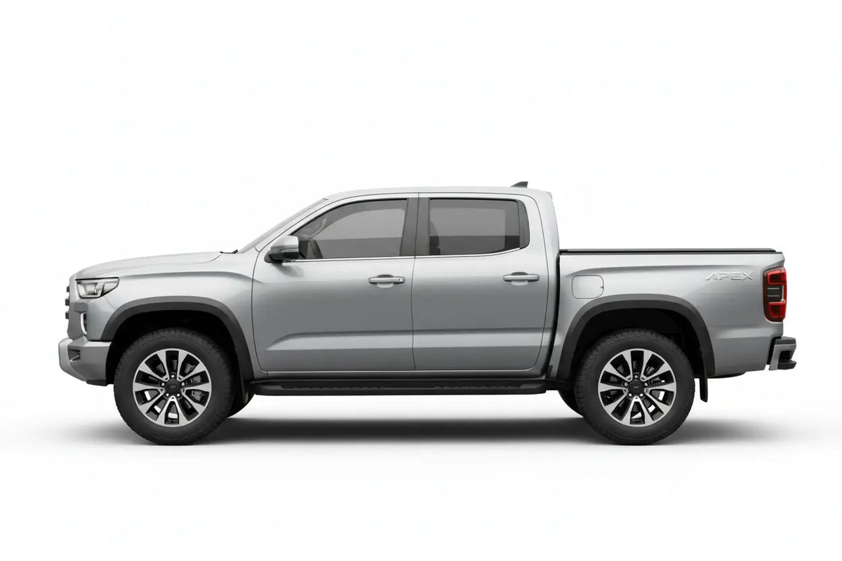 Silver metallic pickup truck with black alloy wheels featuring bergen performance marine accessories in vehicle collection