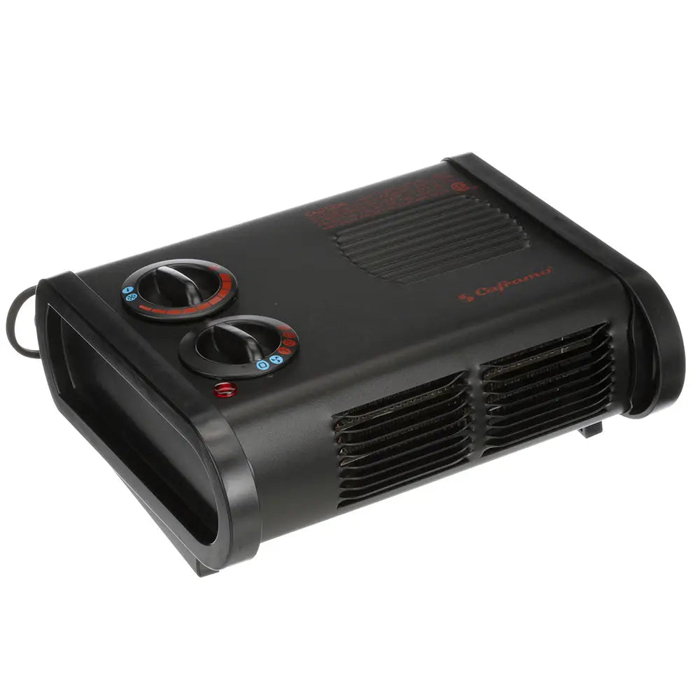 Black plastic tabletop heater with two rotary dials and red indicator light for winterizing by bergen performance marine