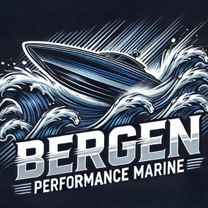 Logo of Bergen Performance Marine with a boat and waves on a dark background
