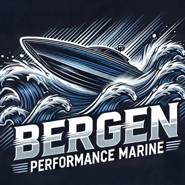 Logo of Bergen Performance Marine with a boat and waves on a dark background