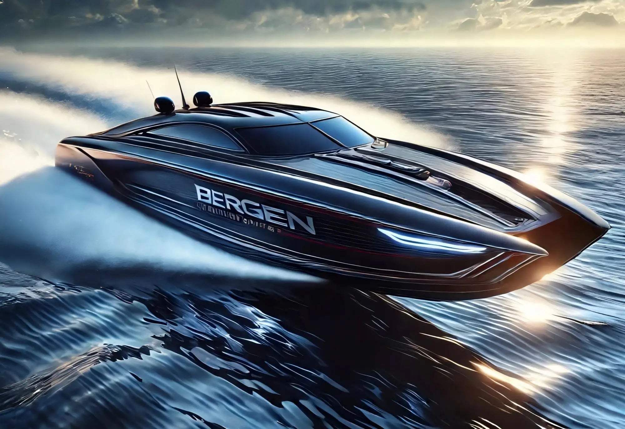 Black sleek speedboat with ’bergen’ branding and glowing blue led headlights.