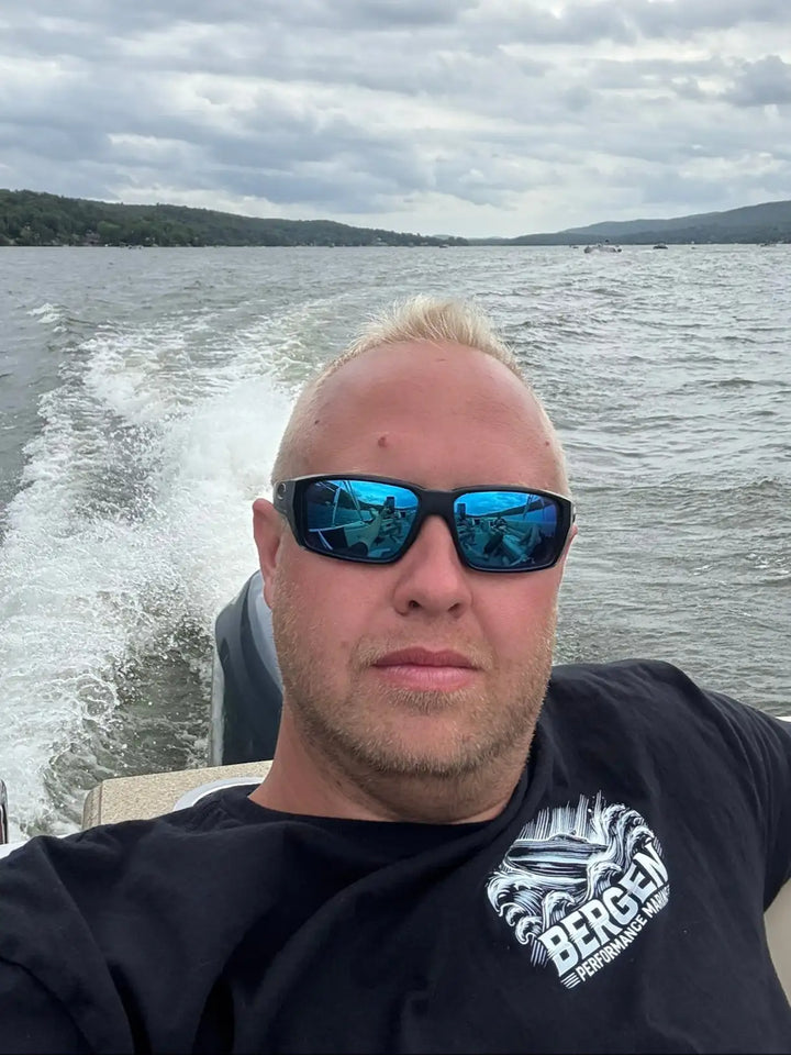 Blue mirrored sunglasses with black frames