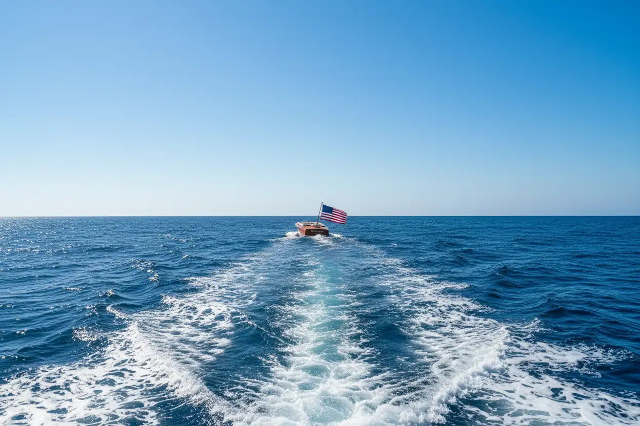 BOAT TRAVELING THE OPEN WATER WITH AMERICAN FLAG