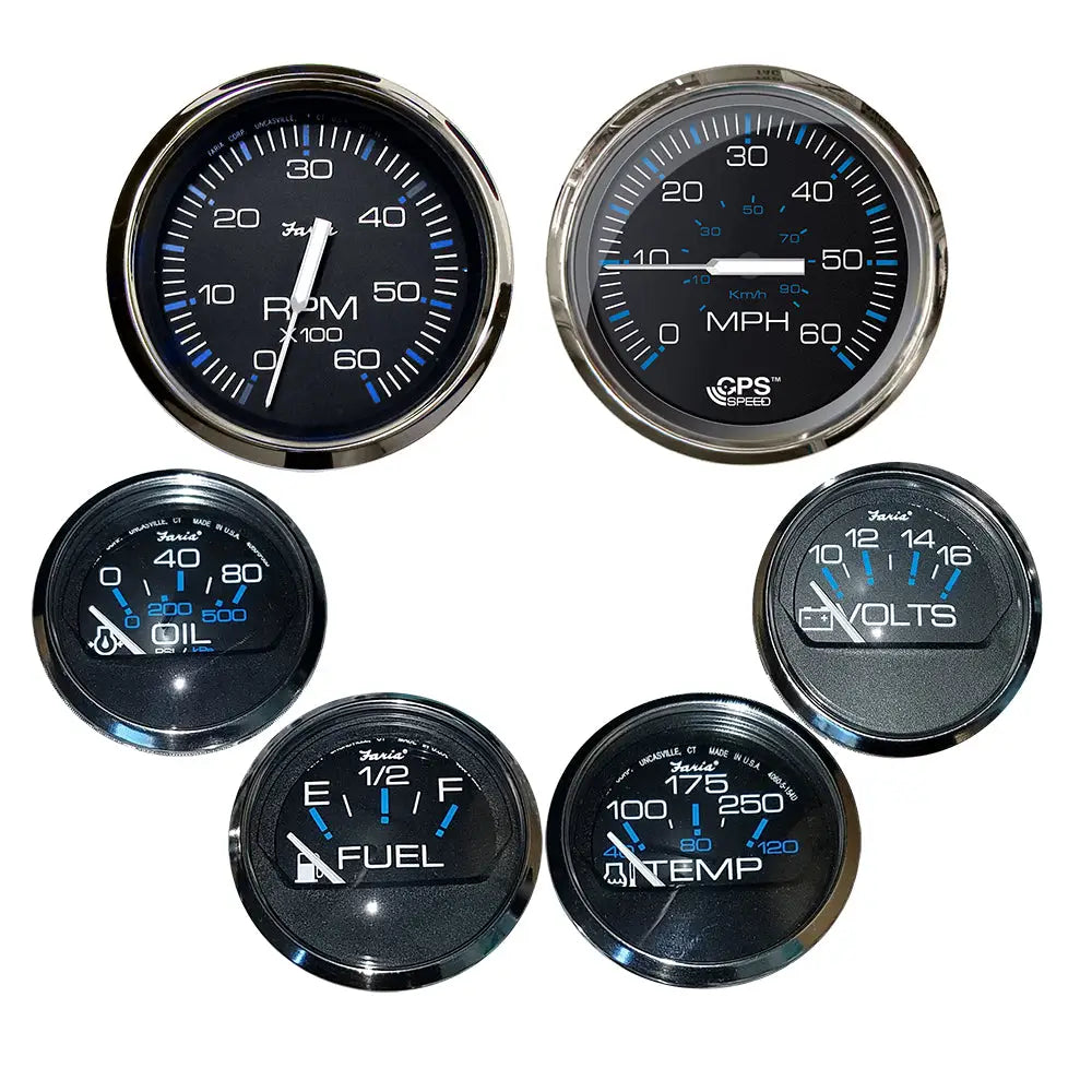 Faria Chesapeake Black w/Stainless Steel Bezel Boxed Set of 6 - Speed Tach Fuel Level Voltmeter Water Temperature Oil