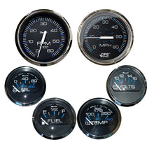Faria Chesapeake Black w/Stainless Steel Bezel Boxed Set of 6 - Speed Tach Fuel Level Voltmeter Water Temperature Oil