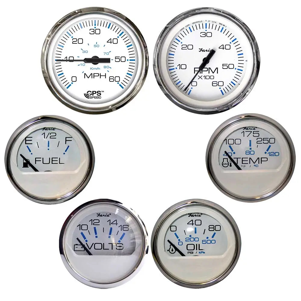 Faria Chesapeake White w/Stainless Steel Bezel Boxed Set of 6 - Speed Tach Fuel Level Voltmeter Water Temperature Oil