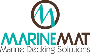 Marine mat logo featuring a teal stylized ’m’ within a brown circular border above the brand name in matching colors.