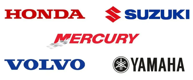 The image displays a collection of automotive brand logos, including honda in red, suzuki with its distinctive blue and red emblem, mercury in bold red lettering, volvo in deep blue, yamaha featuring its iconic black circular logo, and the stylized ’s