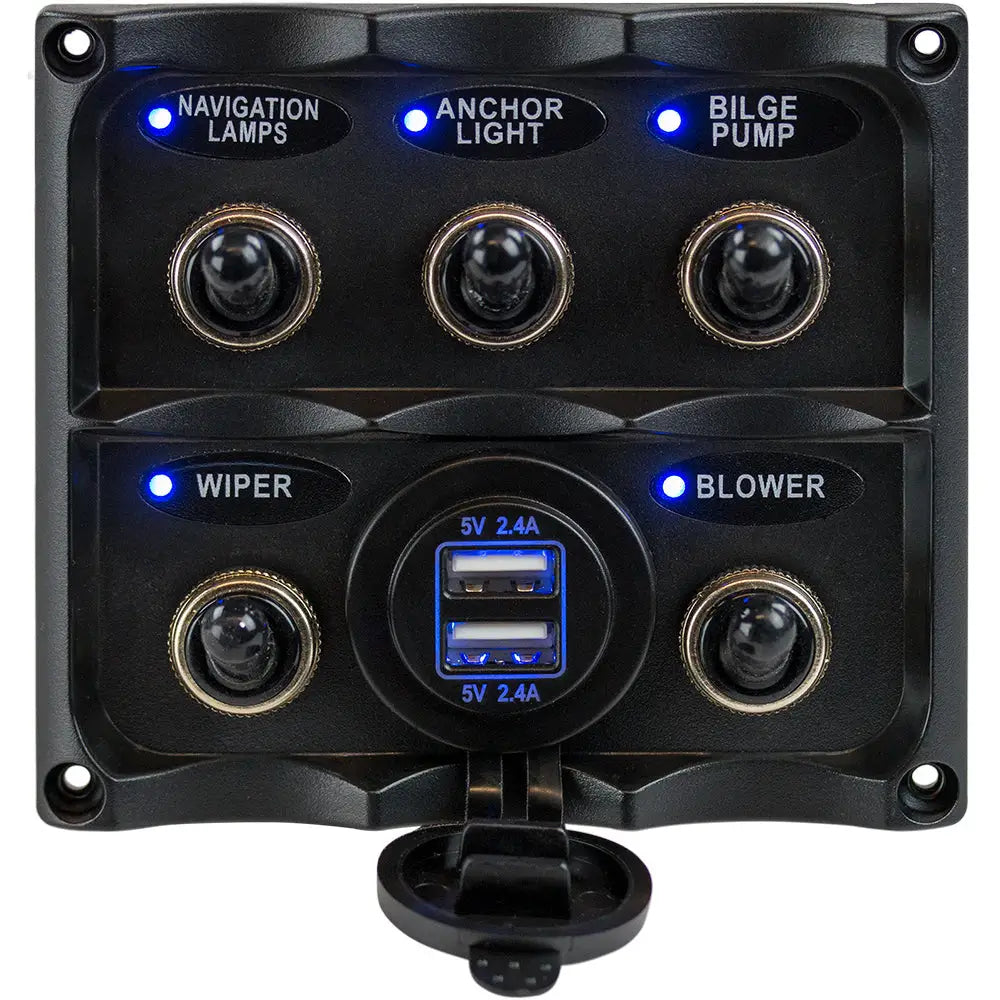 Sea-Dog Water Resistant Toggle Switch Panel w/USB Power Socket - 5 Toggle [424617-1] - Electrical Panels