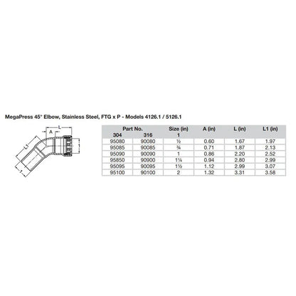 Viega MegaPress 1-1/2’’ 45 Stainless Steel 304 Elbow Street - Press Connection - Smart Connect Technology [95095]