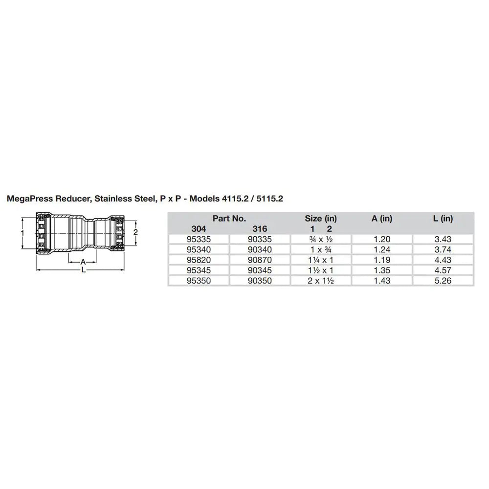 Viega MegaPress 1-1/2’’ x 1’’ Stainless Steel 304 Reducer - Double Press Connection - Smart Connect Technology [95345]