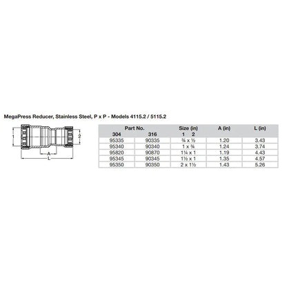 Viega MegaPress 1-1/2’’ x 1’’ Stainless Steel 304 Reducer - Double Press Connection - Smart Connect Technology [95345]