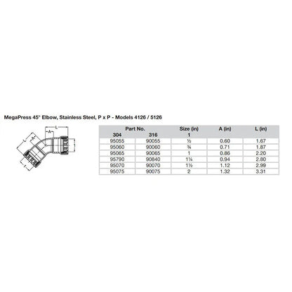 Viega MegaPress 1/2’’ 45 Stainless Steel 304 Elbow - Double Press Connection - Smart Connect Technology [95055]