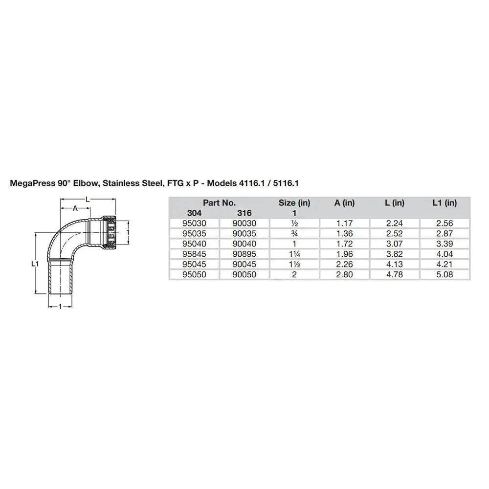 Viega MegaPress 1/2’’ 90 Stainless 304 Elbow - Street/Press Connection - Smart Connect Technology [95030] - Fittings