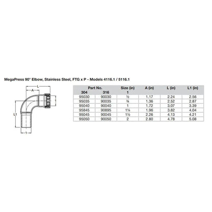 Viega MegaPress 1/2’’ 90 Stainless 304 Elbow - Street/Press Connection - Smart Connect Technology [95030] - Fittings