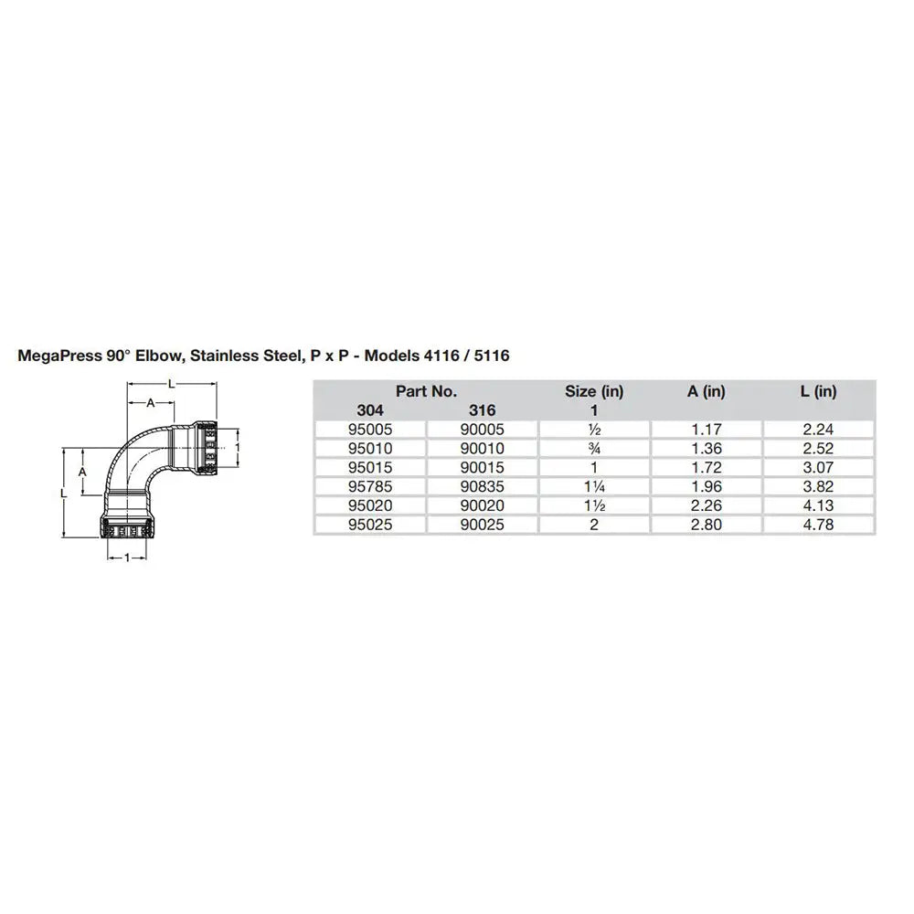Viega MegaPress 1’’ 90 Stainless 304 Elbow - Double Press Connection - Smart Connect Technology [95015] - Fittings