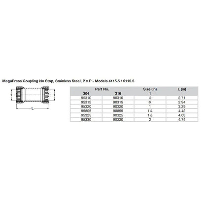Viega MegaPress 1’’ Stainless Steel 304 Coupling w/o Stop - Double Press Connection - Smart Connect Technology [95320]