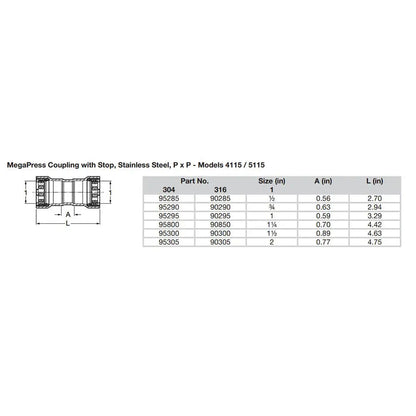 Viega MegaPress 1’’ Stainless Steel 304 Coupling w/Stop - Double Press Connection - Smart Connect Technology [95295]