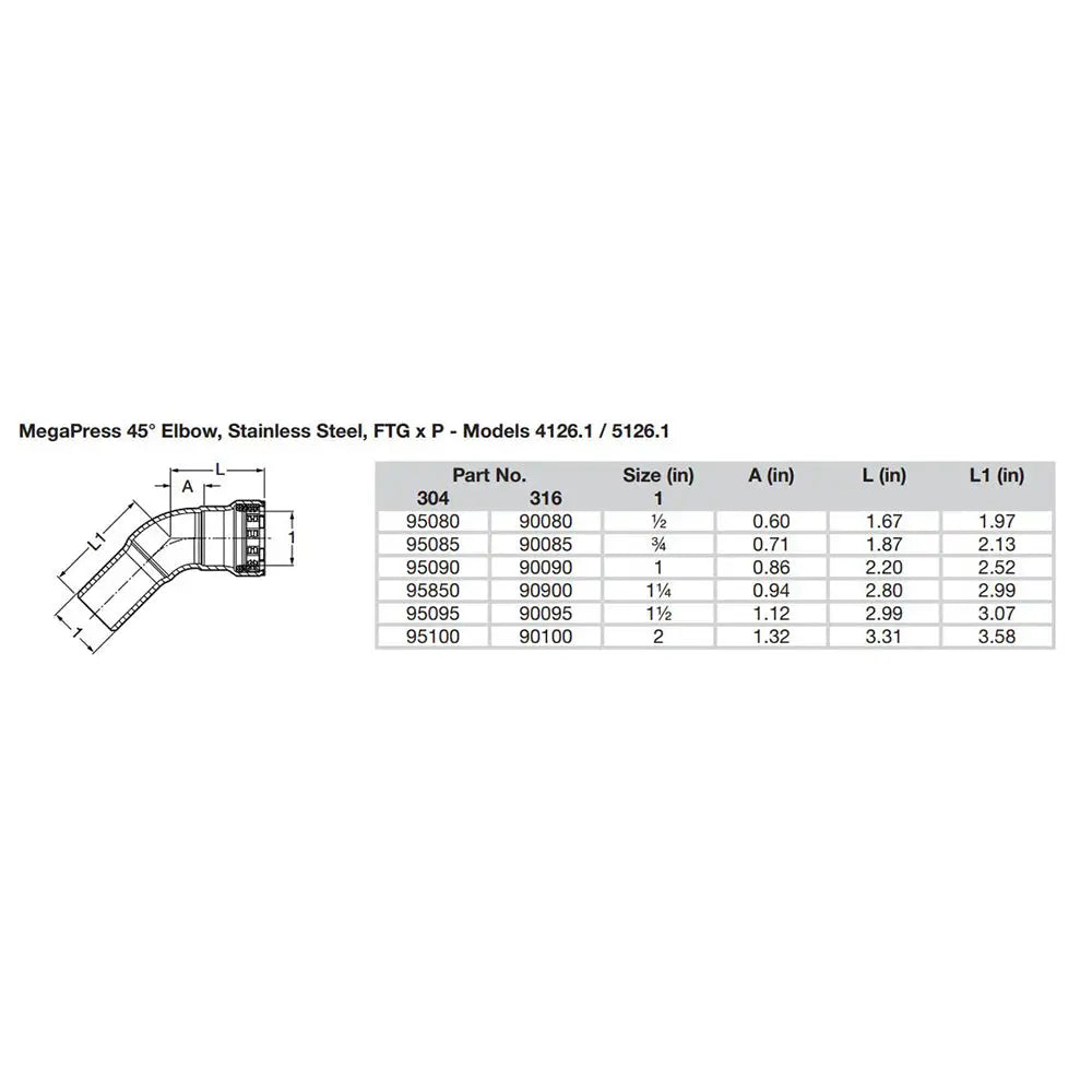 Viega MegaPress 2’’ 45 Stainless Steel 304 Elbow Street - Press Connection - Smart Connect Technology [95100] - Fittings