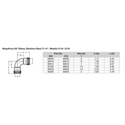 Viega MegaPress 2’’ 90 Stainless 304 Elbow - Double Press Connection - Smart Connect Technology [95025] - Fittings