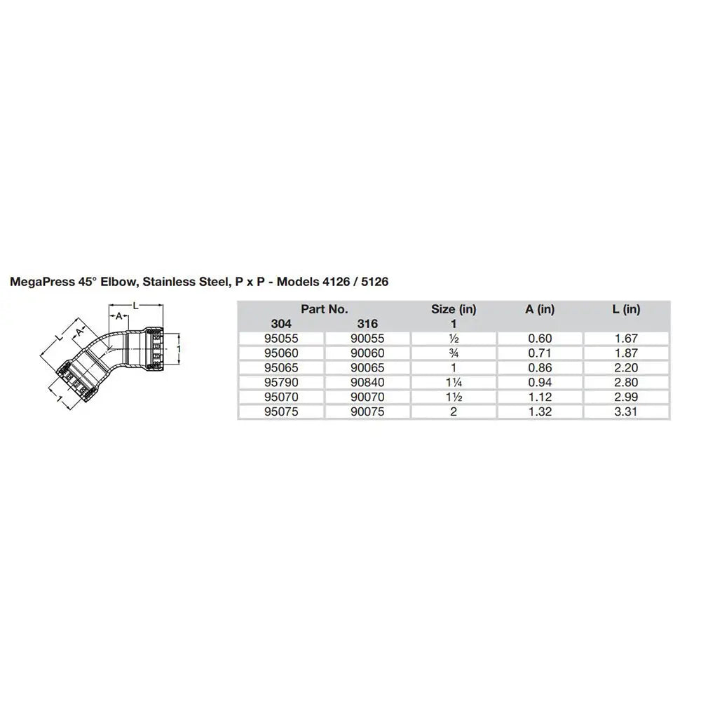 Viega MegaPress 3/4’’ 45 Stainless Steel 304 Elbow - Double Press Connection - Smart Connect Technology [95060]