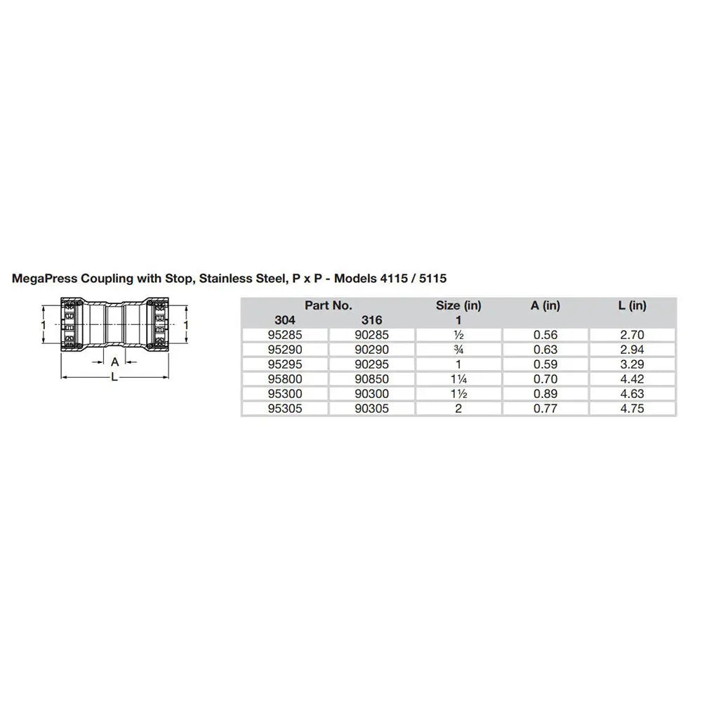 Viega MegaPress 3/4’’ Stainless Steel 304 Coupling w/Stop - Double Press Connection - Smart Connect Technology [95290]