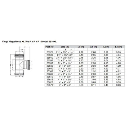 Viega MegaPress 3’’ Carbon Steel Tee w/FKM - Triple Press Connection - Smart Connect Technology [26565] - Fittings